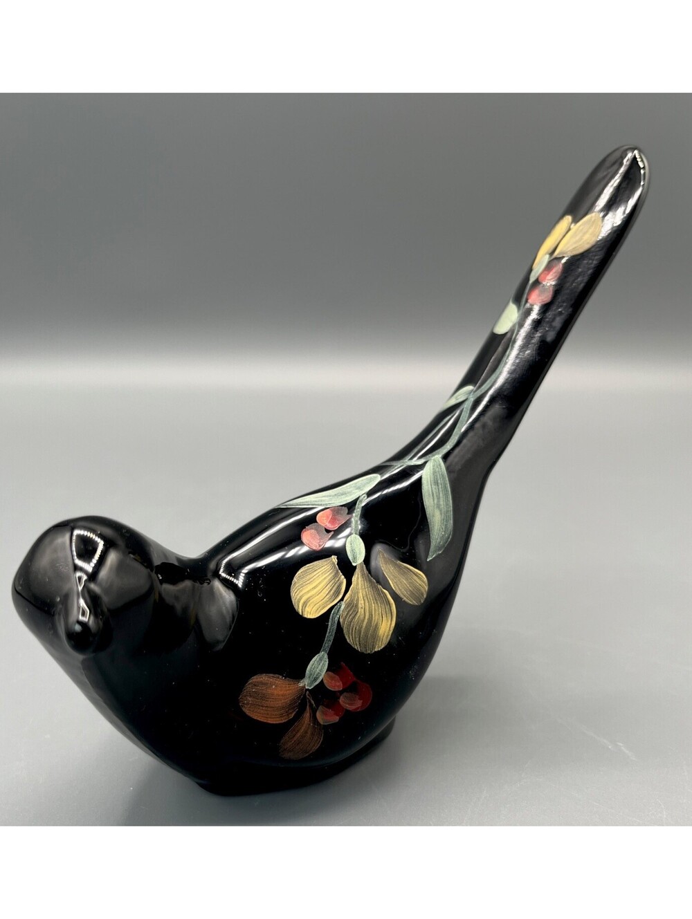 Fenton Black Glass Bird of Happiness Hand Painted Floral Signed USA